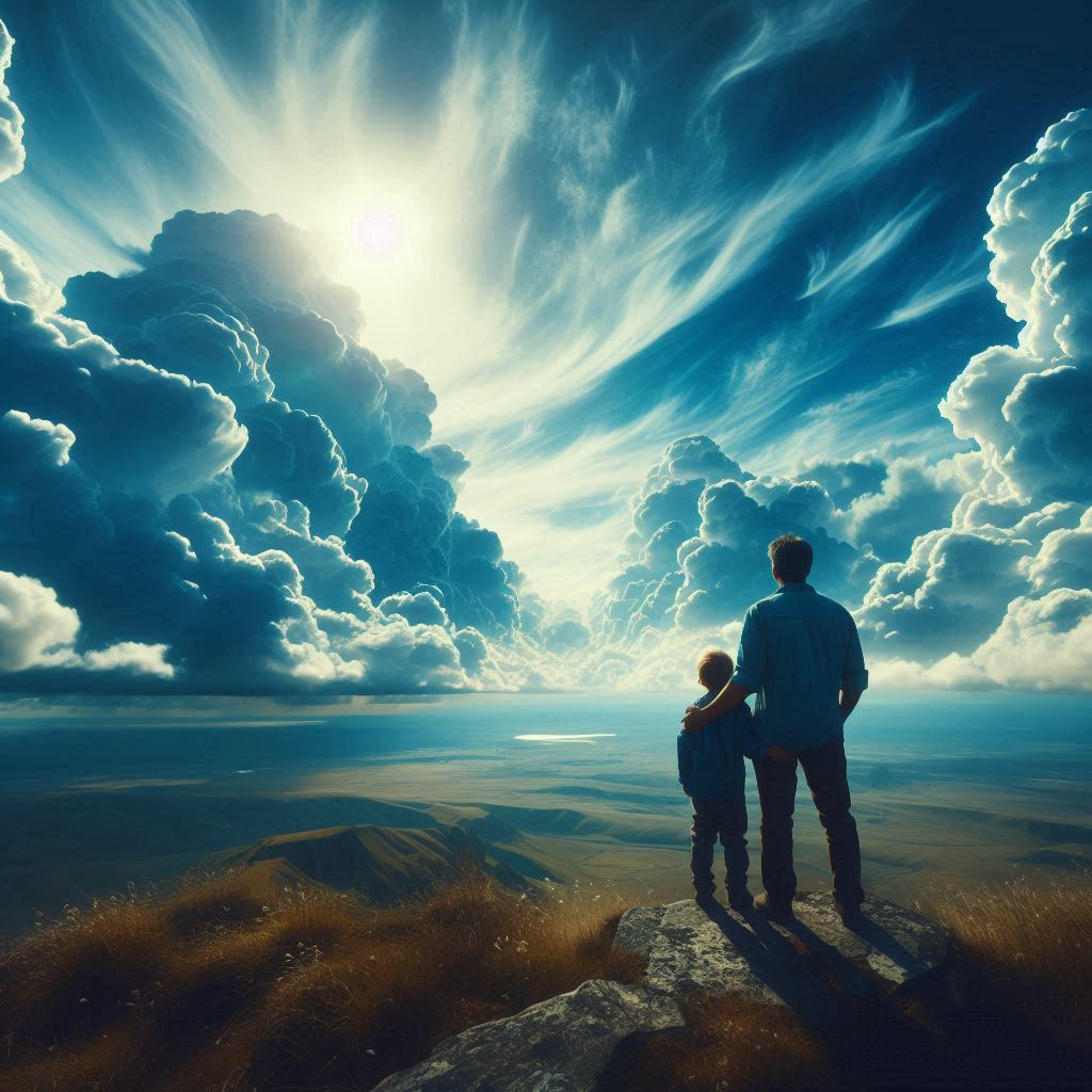 a-man-and-a-child-looking-at-a-blue-sky-full-of-clouds-viewed-from-behind-them
