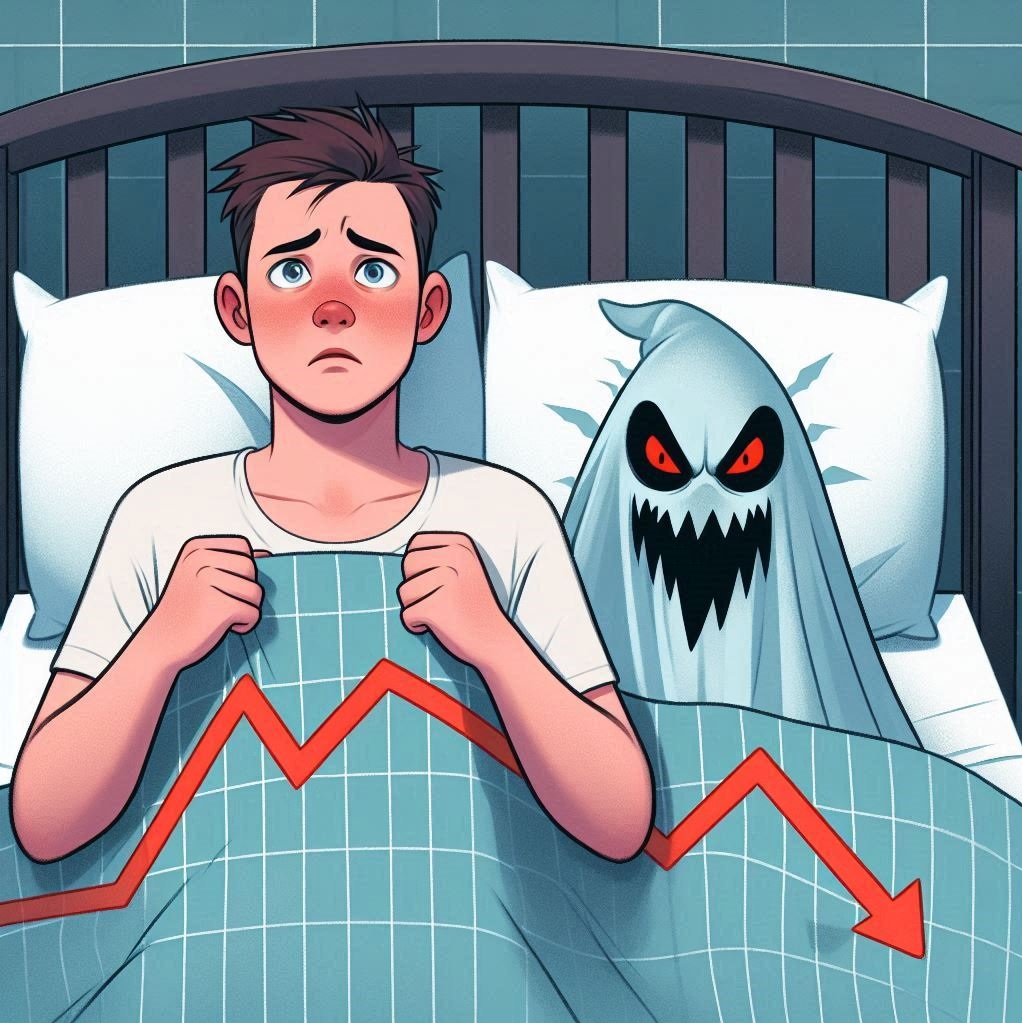 Please make a picture of a man with short brown hair in bed. He is pulling the covers up to his eyes and looking out worried. On the other side of the bed is a wicked looking ghost who is holding up its arms. On the chest of the ghost is an X-Y graph with a red, zig-zagging arrow going down and to the right.