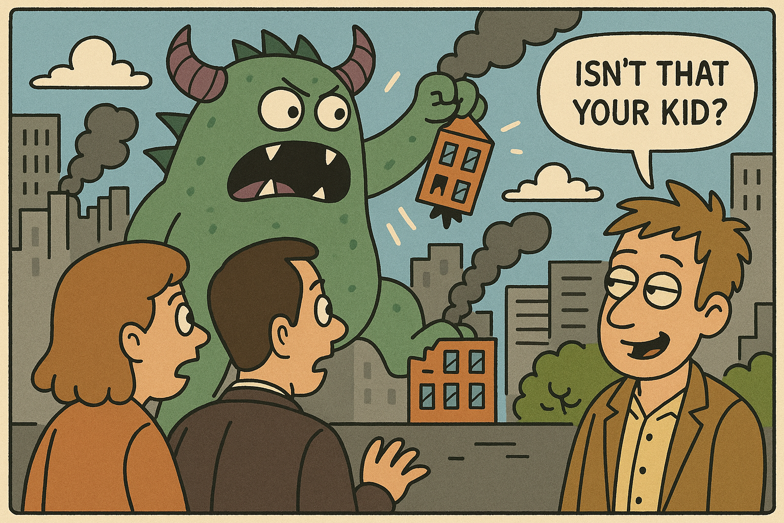 A green monster is terrorizing a city. Two parents look on in horror as a bemused bystander comments "Isn't that your kid?"